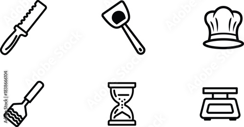 A comprehensive set of modern black line icons depicting essential kitchen and culinary tools