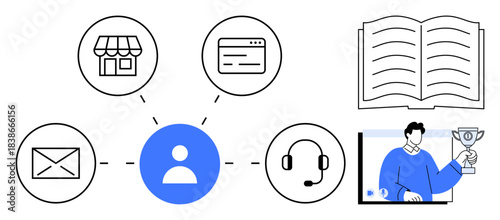 Central user figure connected to shopping, email, headset, browser, trophy as service representations. Ideal for business, technology, customer support, e-learning digital tools achievement online