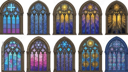 Beautiful collection of stained glass cathedral windows featuring colorful geometric patterns, sunlight designs, gothic arches, decorative glass art, and spiritual architecture illustration
