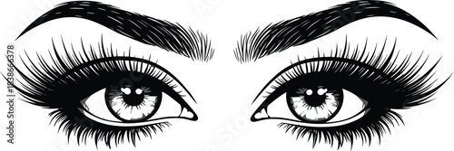 Beautiful female eyes with long eyelashes, detailed makeup illustration for beauty, cosmetics, fashion design, eyeliner art, glamorous vector drawing