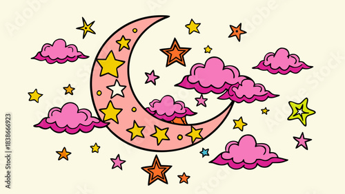 Deep Blue Night Sky with Crescent Moon and Shimmering Stars