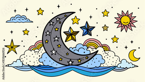 Deep Blue Night Sky with Crescent Moon and Shimmering Stars