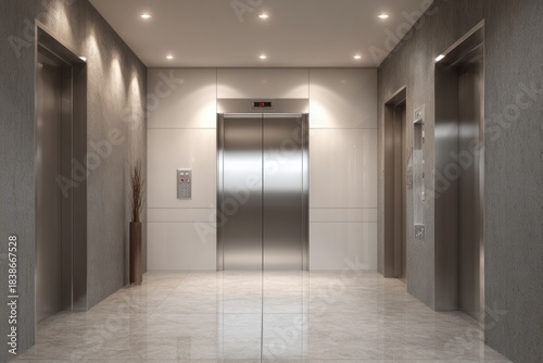 Modern elevator lobby with polished floor and recessed lighting.