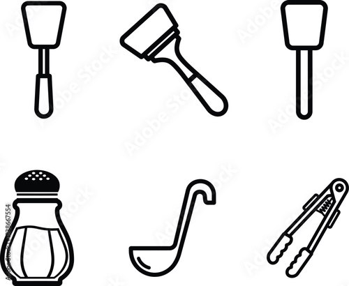 Essential kitchen utensils icon set featuring various cooking tools like spatulas a basting brush