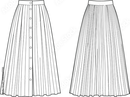Fashion CAD drawing flat vector illustration, women's pleated maxi skirt technical sketch with front button closure, fitted waistband, and elegant flared silhouette.