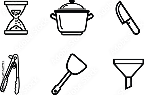 Minimalist cooking and timing essentials icon pack featuring a classic hourglass a lidded pot