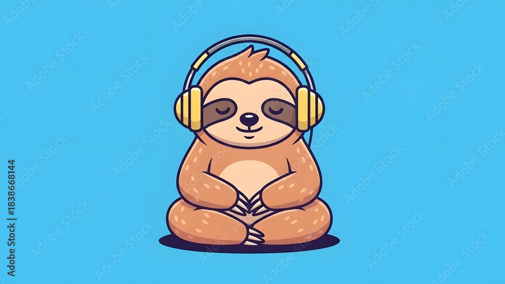 Naklejka premium Funny cartoon illustration of a smiling sloth in a white earphone