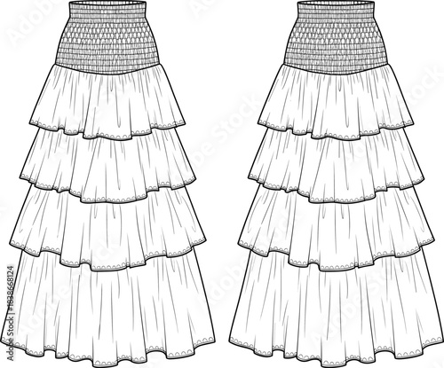 Fashion CAD drawing flat vector illustration, women's tiered maxi skirt technical sketch with wide smocked waistband, flared silhouette, and ruffled layers.