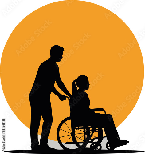 Caregiver pushing a person in a wheelchair with a bright orange sun behind them, illustrating accessibility and support