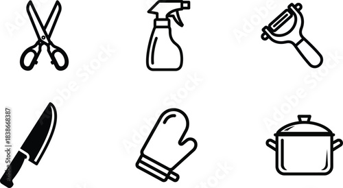This comprehensive collection of useful kitchen and household outline icons features essential