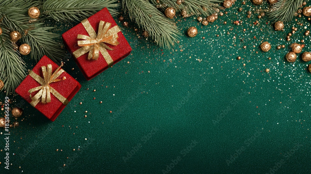 Fototapeta premium Festive Winter Arrangement Featuring Red Gift Boxes with Gold Ribbons, Pine Branches, and Sparkling Decorations for Holiday Celebrations