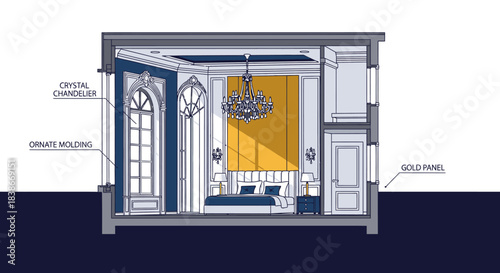 Detailed cross-section of a luxurious bedroom, showcasing elegant blue and gold neoclassical interior design, featuring a crystal chandelier and ornate wall molding.