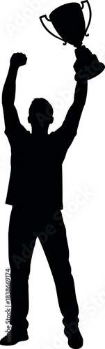 Dynamic silhouette of a jubilant winner raising a gleaming trophy high in a powerful display of achievement, triumph, and success, symbolizing ultimate victory