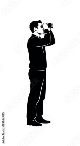 A focused individual uses binoculars, symbolizing a strategic quest for discovery, keen observation, and the active pursuit of foresight to uncover new horizons and insights