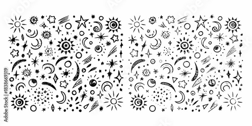 A whimsical pattern of hand drawn celestial elements including stars moons and suns