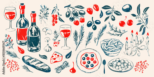 A colorful illustration showcasing wine olives cheese and various culinary elements