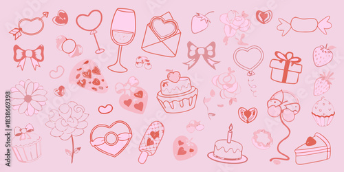 A whimsical collection of pink hand drawn doodles hearts sweets and celebratory items