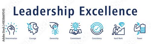 Leadership excellence icon vector concept showing determination, courage, ownership, commitment, and consistent performance in guiding teams and achieving goals.