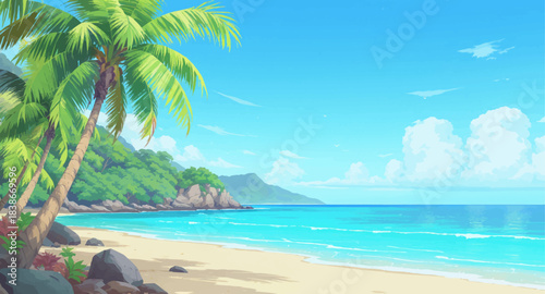 Serene tropical beach with crystal-clear blue water. Peaceful coastline framed by lush palm trees. Bright tropical shore under a calm blue sky. Idyllic beach scene with vibrant ocean colors