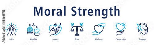 Moral strength icon vector concept highlighting faith, morality, honesty, courage, compassion, and strong ethical character.