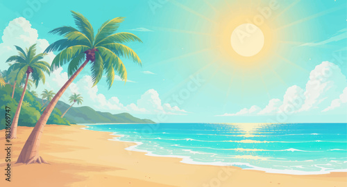 Bright tropical beach with clear sky and warm sunlight. Sunny island shore with palm trees and turquoise water. Summer beach paradise with glowing sun and soft waves