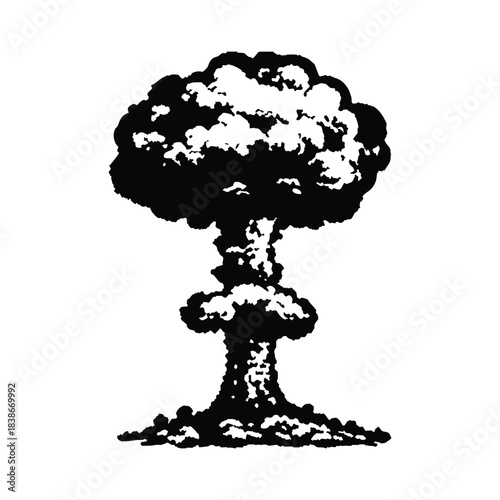 black and white illustration of a cloud explosion in retro vintage style vector
