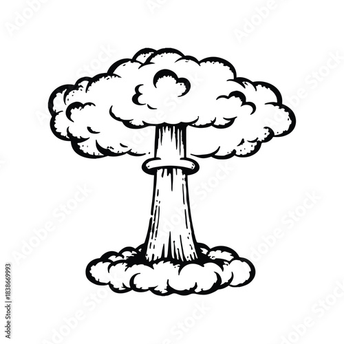 black and white illustration of a cloud explosion in retro vintage style vector