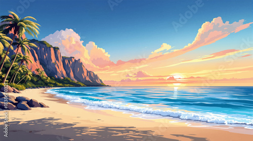 Tropical sunrise beach with cliffs and golden sky. Peaceful island shore with soft waves and warm sunrise. Exotic beach morning with palm trees and ocean glow