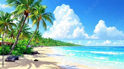 Tropical beach with lush palms and dramatic clouds. Exotic island shoreline with white sand and turquoise sea. Summer paradise coast with green palms and blue water
