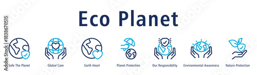Eco Planet web banner icon vector illustration with icons of Safe the Planet, Global Care, Earth Heart, Planet Protection, Environmental Awareness, Our Responsibility, and Nature Protection.