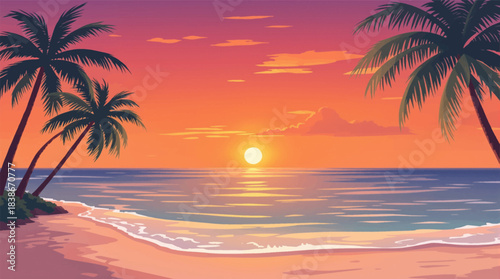 Bright orange sunset over open tropical beach. Warm glowing sunset across wide ocean shoreline. Fiery sunset sky above peaceful sandy coast. Tropical sunset with bold orange horizon light