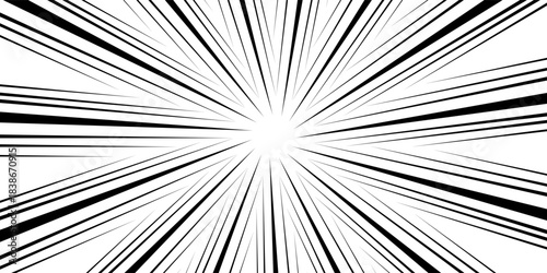 Comic book black and white radial lines background. Manga speed frame. Super hero action. Vector illustration.