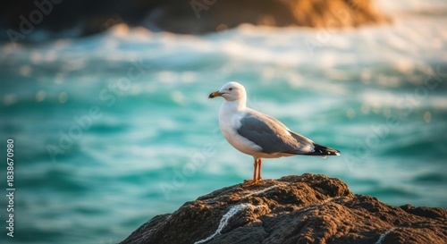 A seagull perched atop a rock, with ocean waves in the background, bathed in golden light
