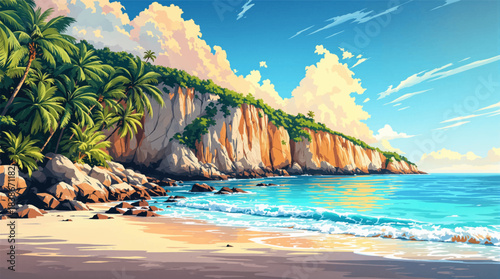 Dramatic tropical cliffs with ocean waves and flying birds. Coastal cliffs and blue sea under bright tropical sky. Majestic rocky shore with seabirds over turquoise water