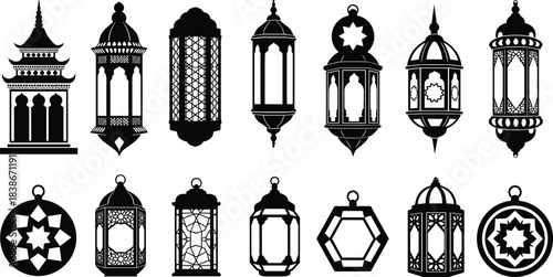 Collection of Black Lantern Silhouettes, Arabian Lamps, Ramadan Kareem, Islamic Pattern, Oriental, Arabic, Moroccan Decoration, Ornament, Design, Vector Set.