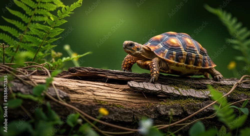 Obraz premium A tortoise traverses a mossy log amidst lush green foliage