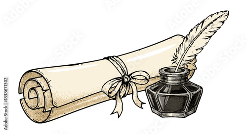 Vintage illustration of a rolled scroll, tied with a ribbon, a quill pen, and an inkwell, symbolizing history, knowledge, and official documents.