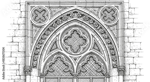 An intricate architectural drawing showcasing the elaborate details of a Gothic arch with ornamental tracery and stone carvings.