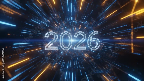 The year 2026 approaches with a futuristic glow and digital tunnel effect