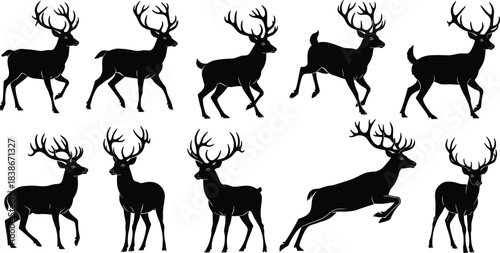 Deer silhouettes set vector illustration, running and standing stags collection, wildlife animal poses, black isolated forest mammal design