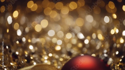 Abstract Christmas Background with Golden Bokeh Lights and Festive Red Ornament