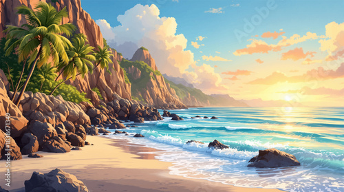 Golden sunrise over rocky tropical shoreline. Morning sun lighting waves on exotic beach rocks. Peaceful dawn seascape with glowing coastal horizon