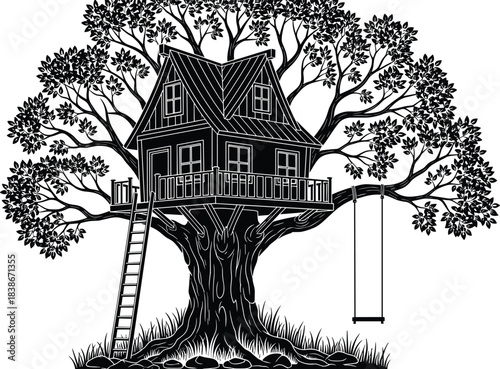 Detailed Treehouse Silhouette on an Old Tree, Ladder and Swing, Childhood Memories, Playtime, Fantasy, Adventure, Nature, Cabin, Abstract Vector.