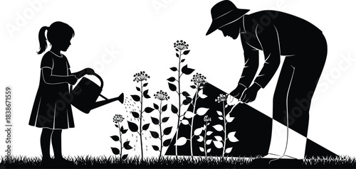 Gardening Silhouette Family Scene, Father and Daughter Watering Flowers, Agricultural Hobby, Rural Life Activities, Black Vector Illustration, Isolated on White Background