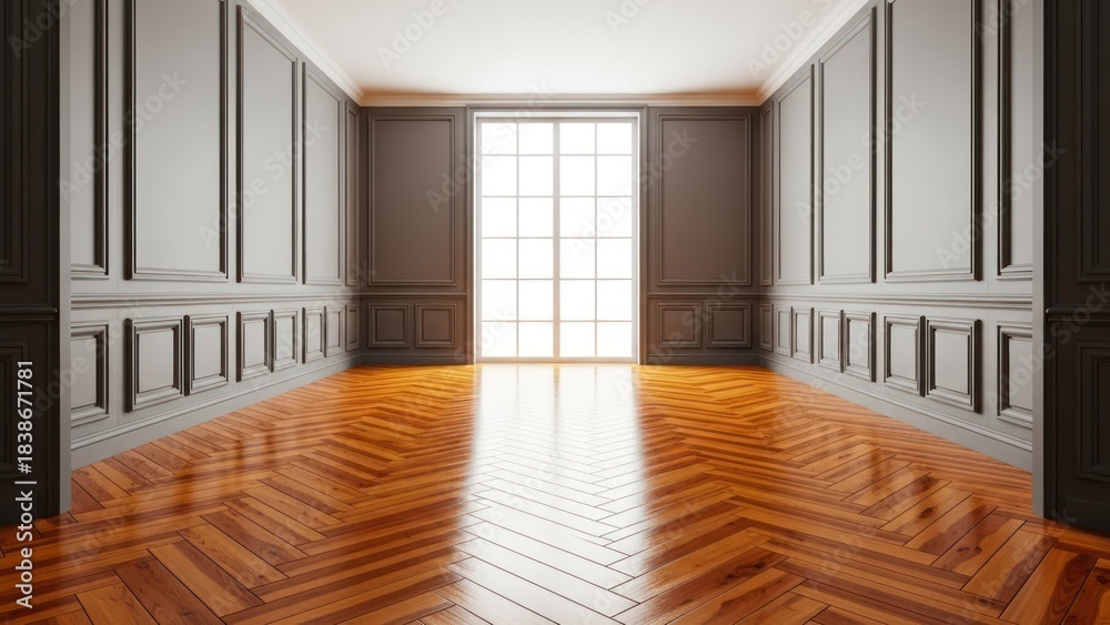 Obraz premium An empty room with polished wood floors, gray panel walls, and a large window