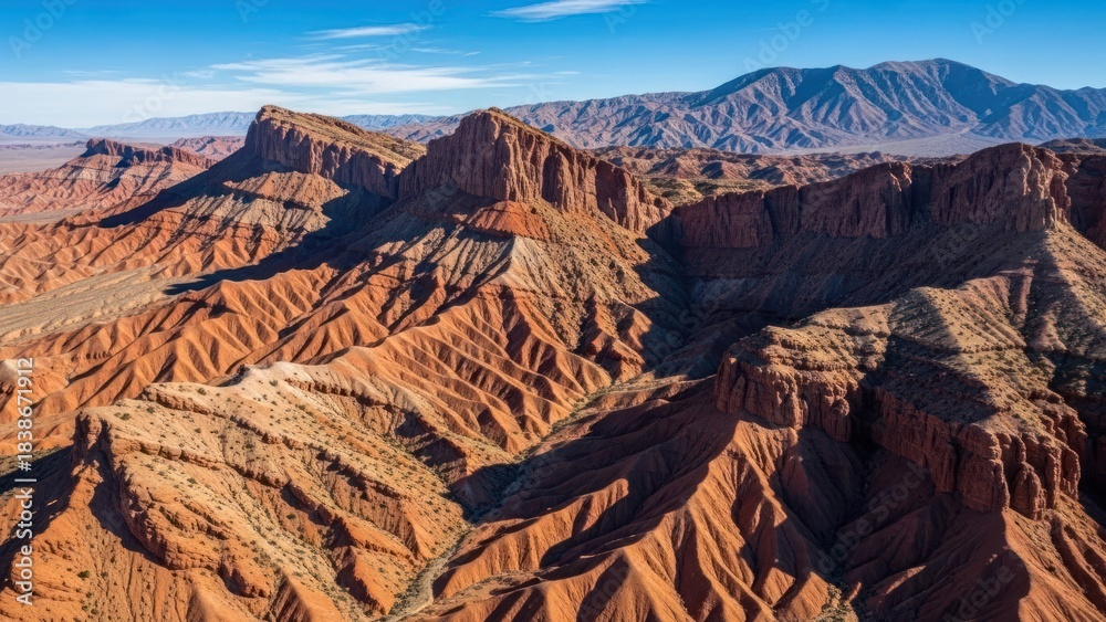 Naklejka premium Aerial view of a vast, red rock desert landscape under a clear blue sky, with mountains