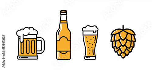 Refreshing Beverage Collection Illustrated Mugs, Bottles, Glasses, and Hop Icons