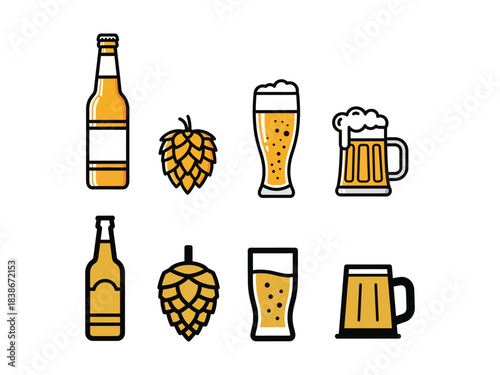 Assorted vector illustrations of beer bottles, glasses, mugs, and brewing hops elements