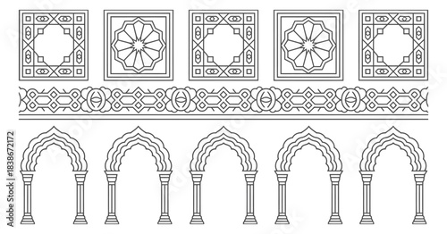 Islamic Architectural Frames and Geometric Borders, a refined decorative series featuring Islamic geometric patterns, ornate arches, and elegant ornamental elements for use in backgrounds, branding, a