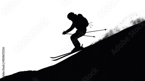 Silhouette of a skier descending a snowy slope against a bright sky